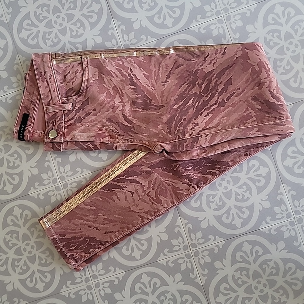 J Brand Princess Facade Pink Skinny Jeans Metallic Gold Size 25 MSRP $248